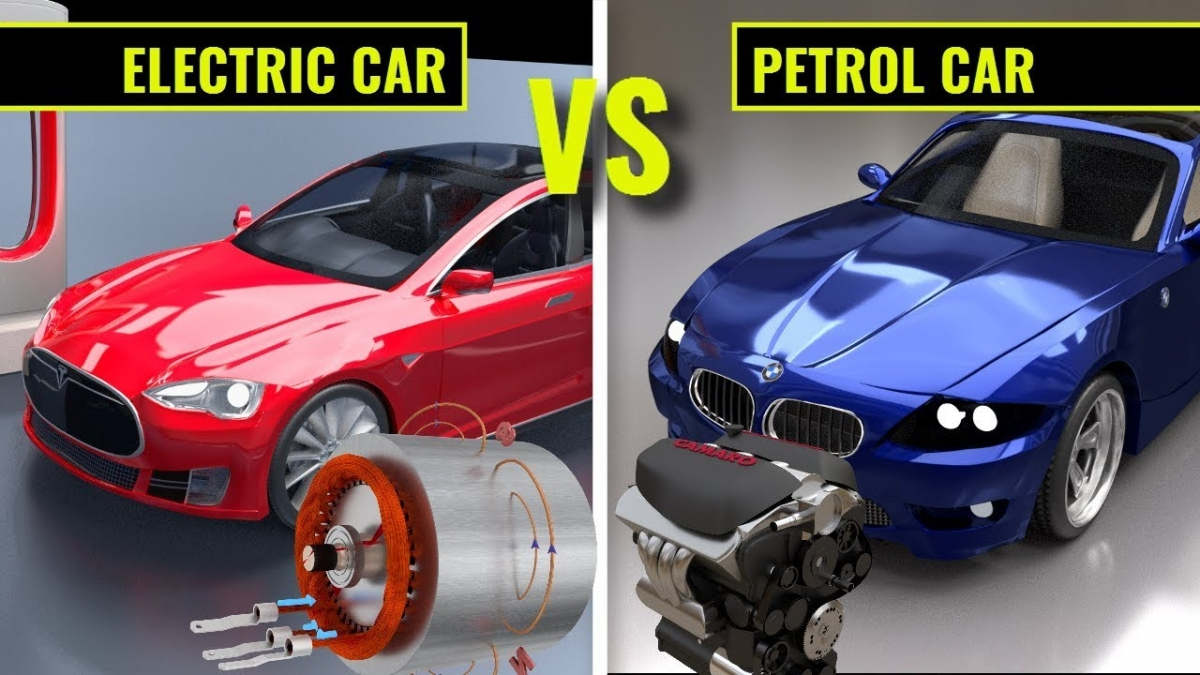 Split graphic comparison showing an Electric Car (Porsche Taycan) on the left and a Petrol Car (Ford Mustang) on the right