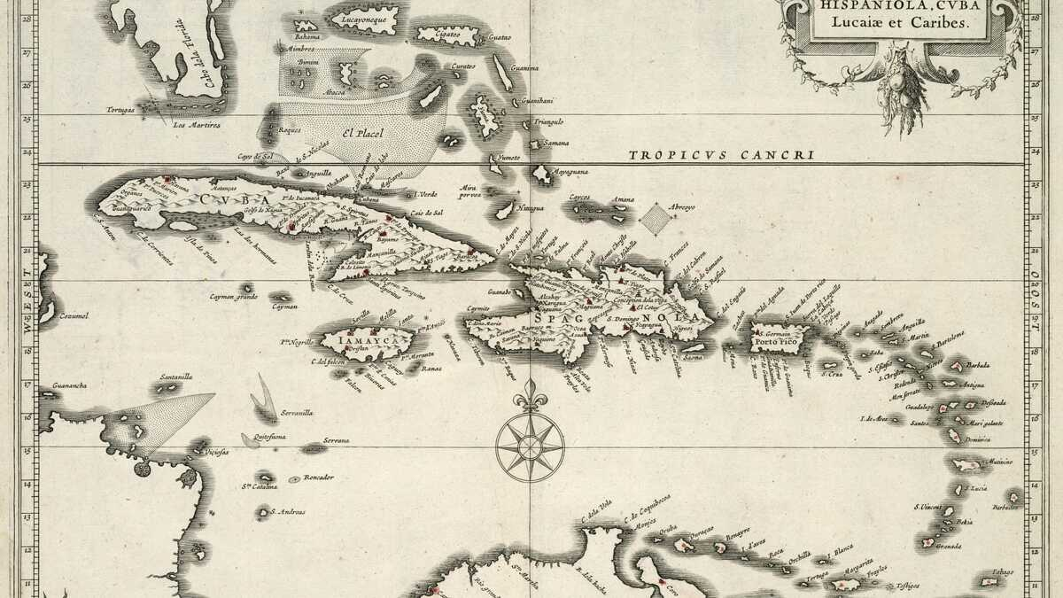 Vintage historical map illustration displaying the geographical regions of the Caribbean islands, Greater Antilles, and Lucayan Archipelago.