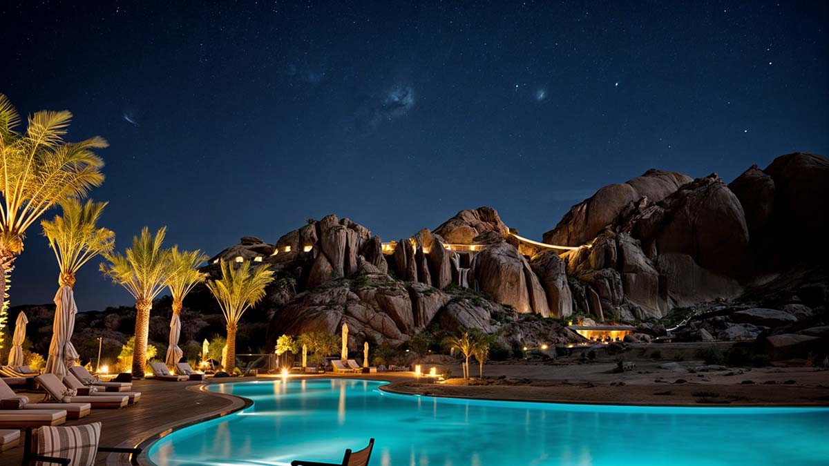 Minimalist luxury resort built around a massive natural red rock formation and canyon landscape in Utah.