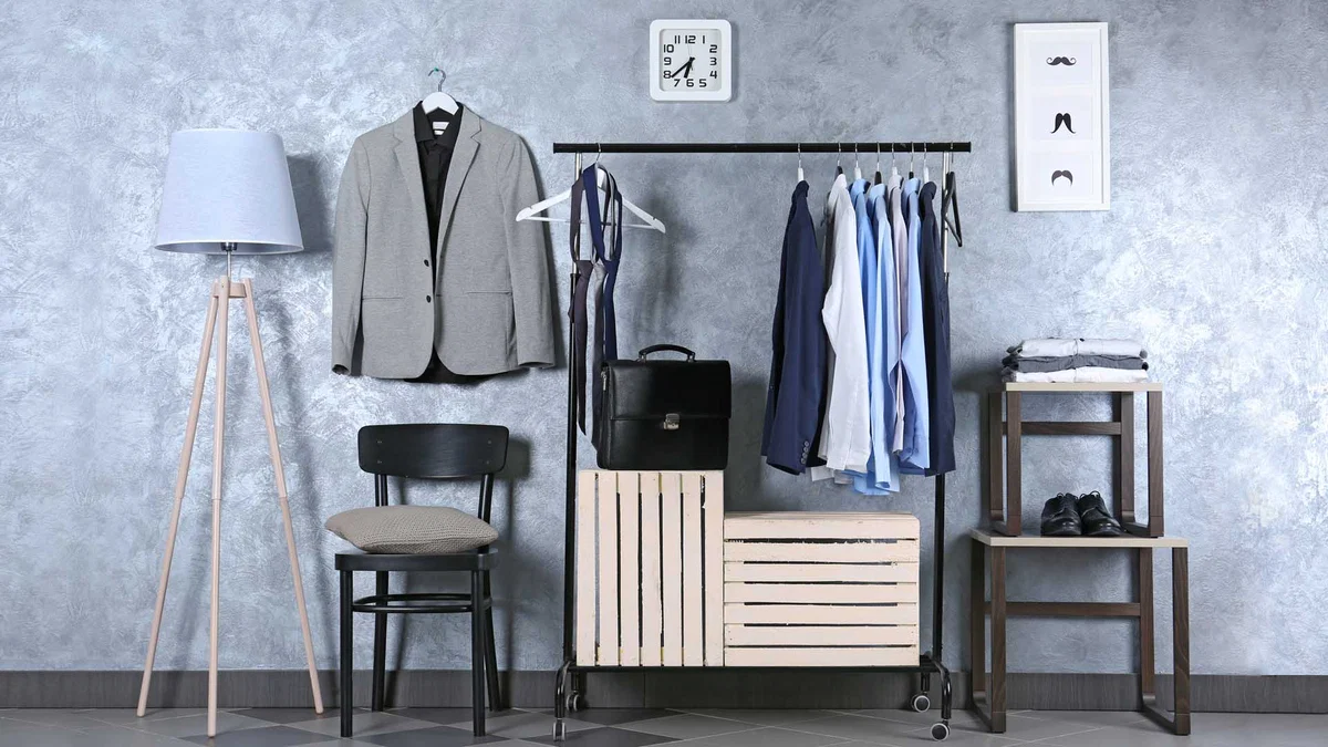 Modern walk-in closet organization setup with clothes