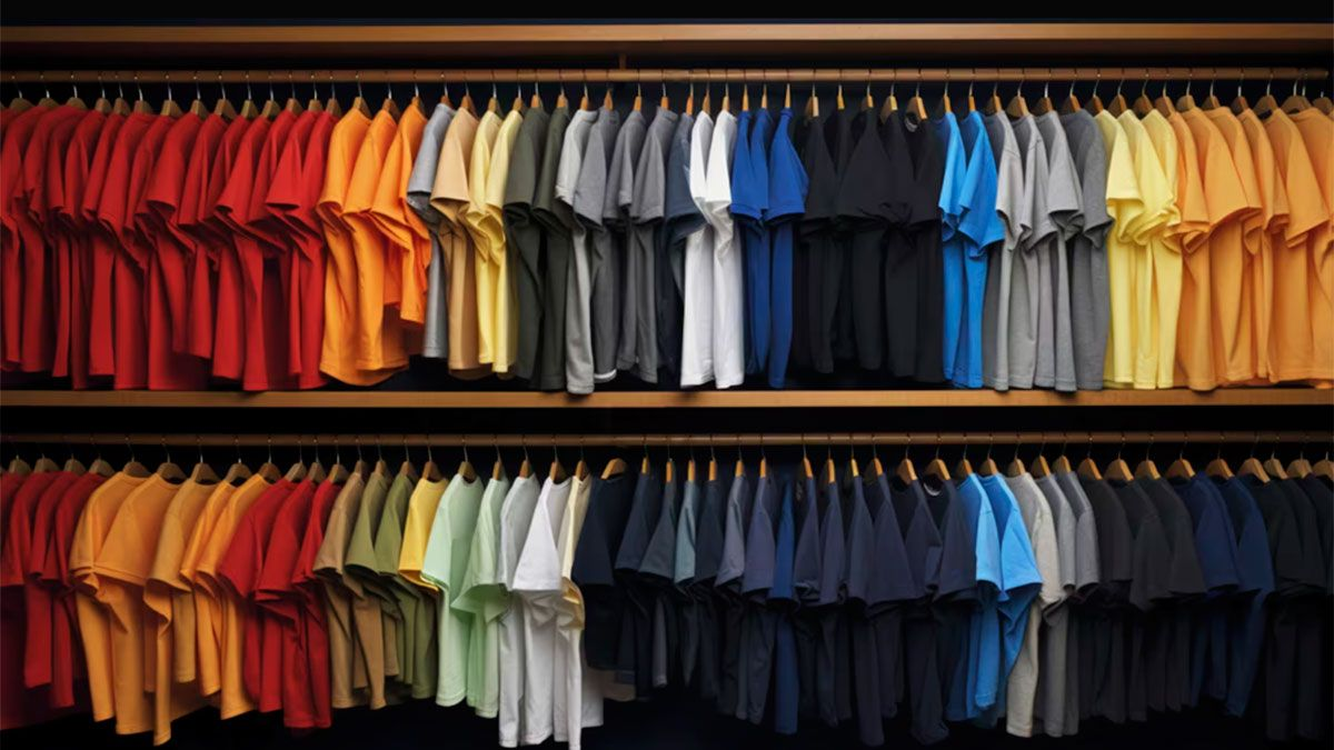 Neatly folded shirts organized on retail store shelves