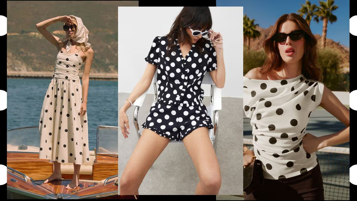 Selection of stylish women's tops and blouses featuring polka dots and feminine ruffles.