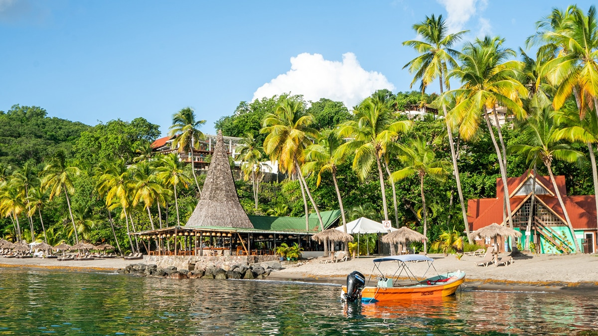 Scenic beachfront resort nestled under tall palm trees with a small orange motorboat moored near the shore.