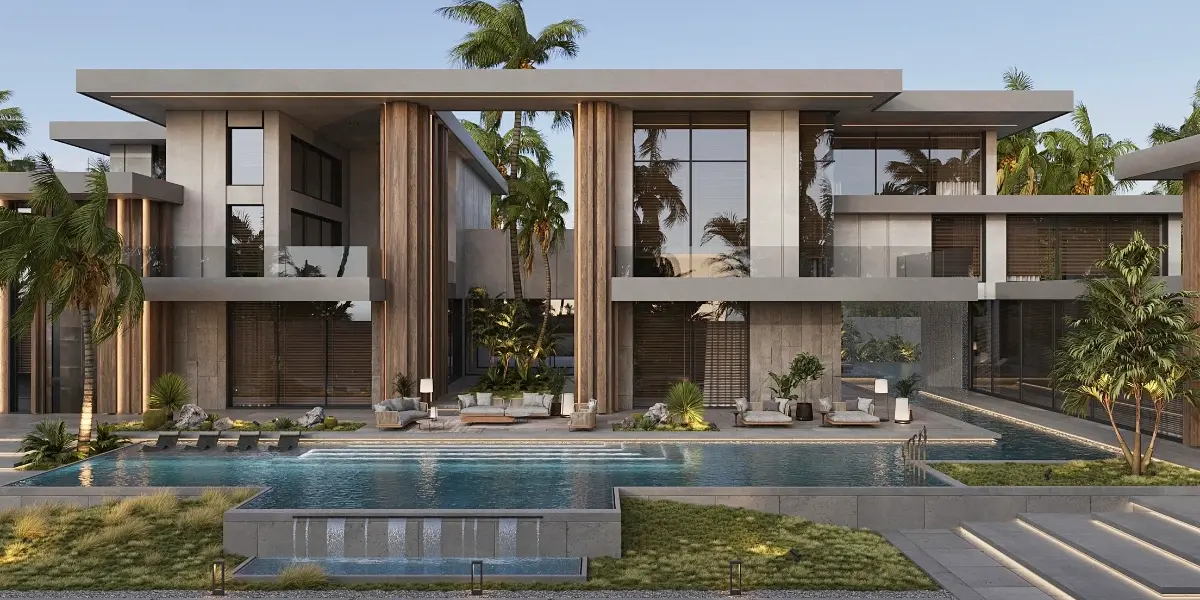 A modern ultra-luxury estate with floor-to-ceiling glass windows and a grand infinity pool