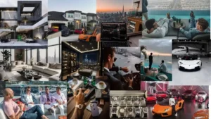 A luxury lifestyle mood board featuring supercars, private jets, high-end watches, and panoramic city views
