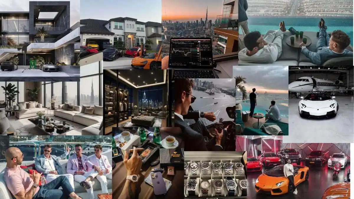 A luxury lifestyle mood board featuring supercars, private jets, high-end watches, and panoramic city views