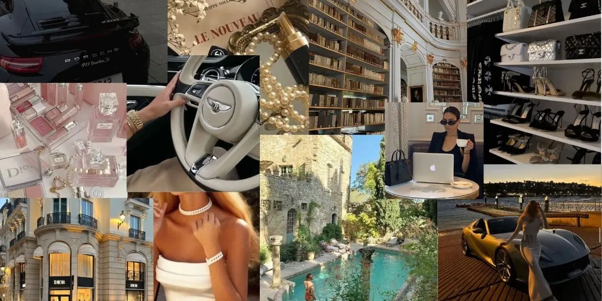 An elegant high-end fashion boutique showroom with designer clothing and a luxury seating area