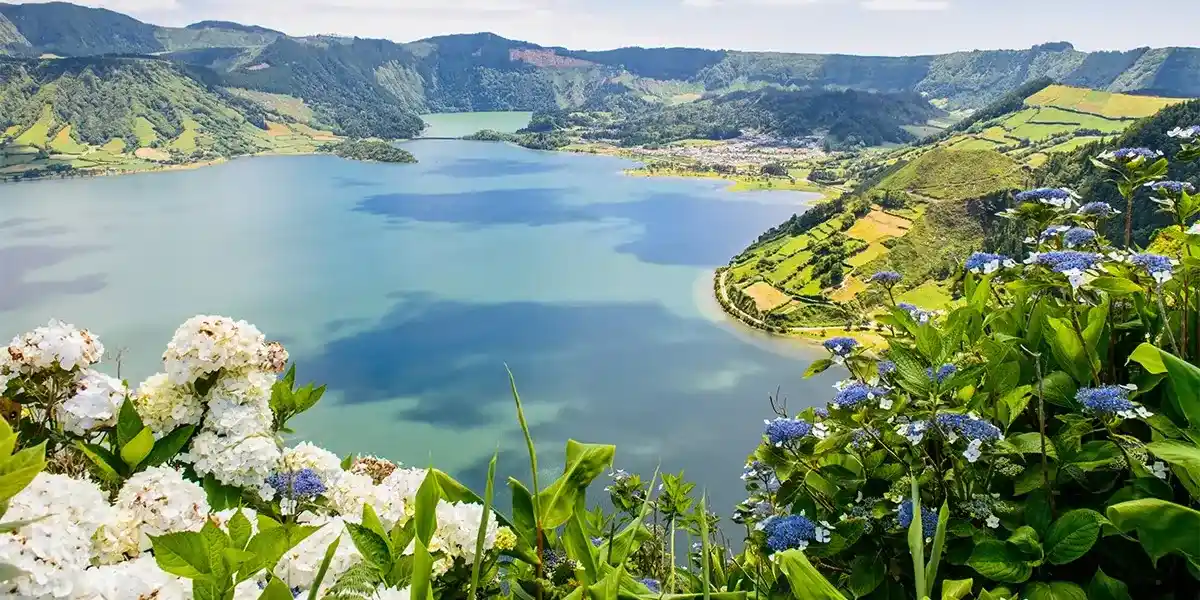Azores volcanic landscape and hiking trail