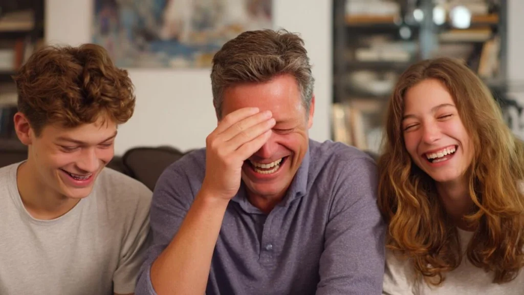 A middle-aged man laughing and covering his face while a teenage boy and girl laugh alongside him.