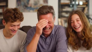 A middle-aged man laughing and covering his face while a teenage boy and girl laugh alongside him.
