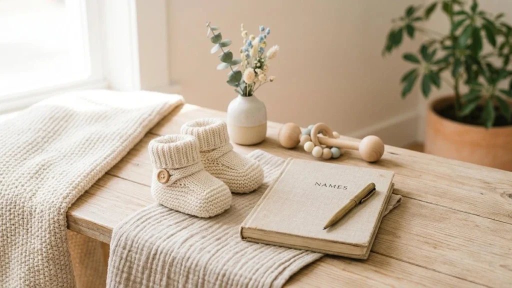 Knit baby booties, a baby name notebook, and a vase of flowers on a wooden table.