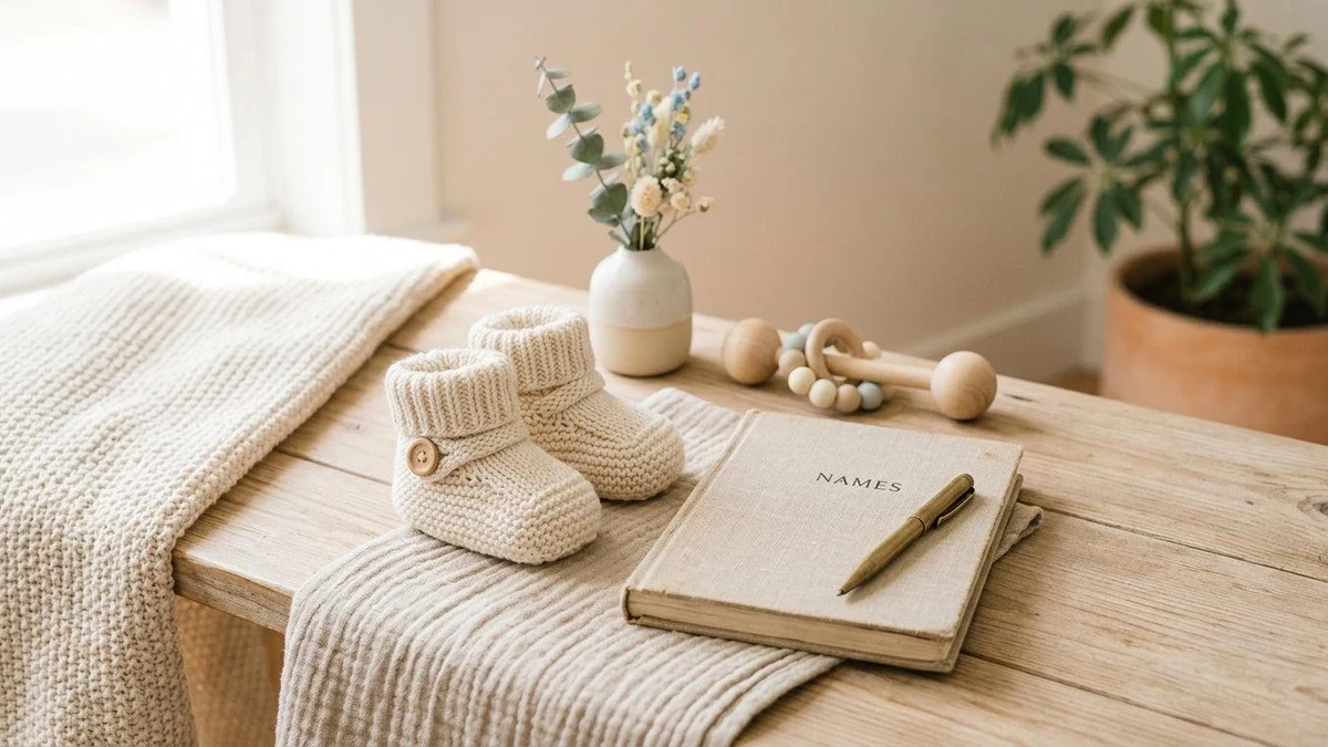 Knit baby booties, a baby name notebook, and a vase of flowers on a wooden table.