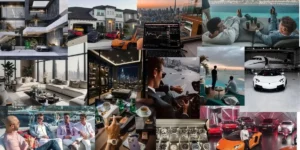 Luxury mood board featuring supercars, private jets, high-end watches, and panoramic city skylines.