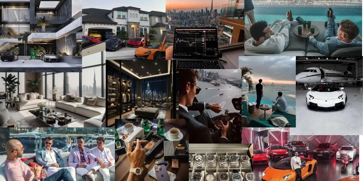 Luxury mood board featuring supercars, private jets, high-end watches, and panoramic city skylines.