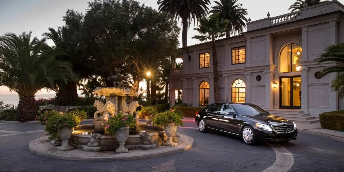 Black luxury sedan parked near a lighted fountain in front of an elegant classic mansion.