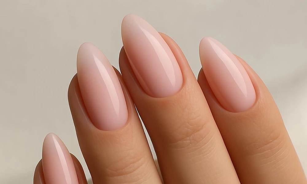 Clean and understated sheer pink natural nude gel x nails styled in a classic almond shape