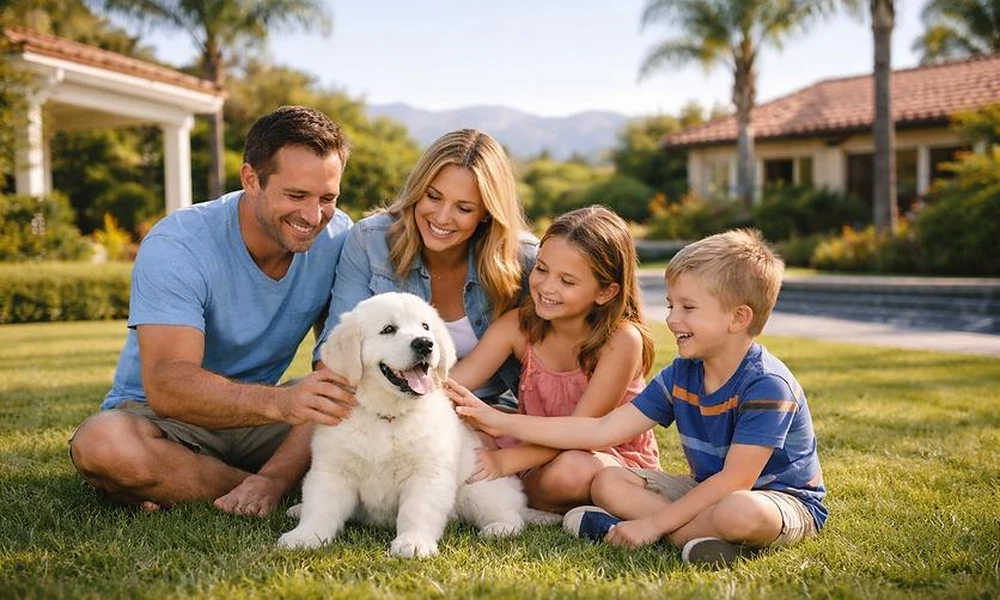 A happy family sitting together on the grass outdoors petting a fluffy white puppy.