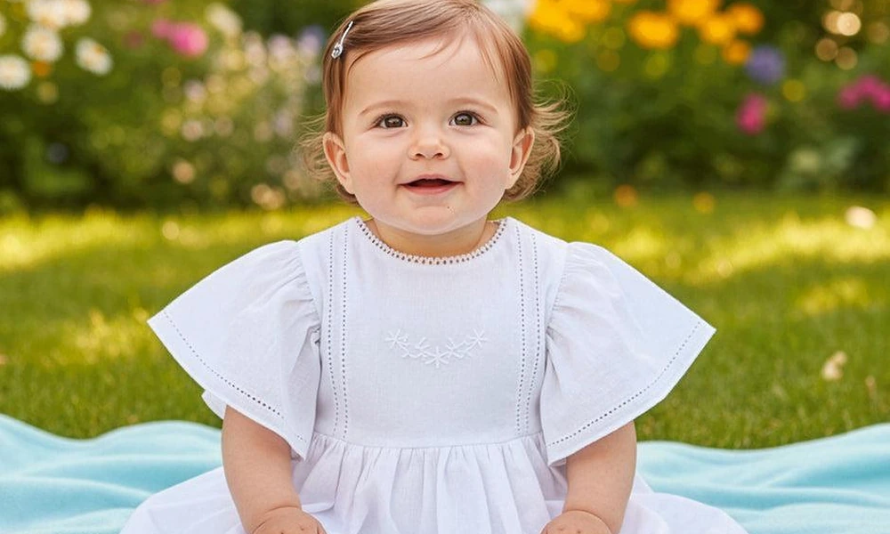 Smiling baby girl in a white dress sitting in a floral garden, representing beautiful nature names for girls.