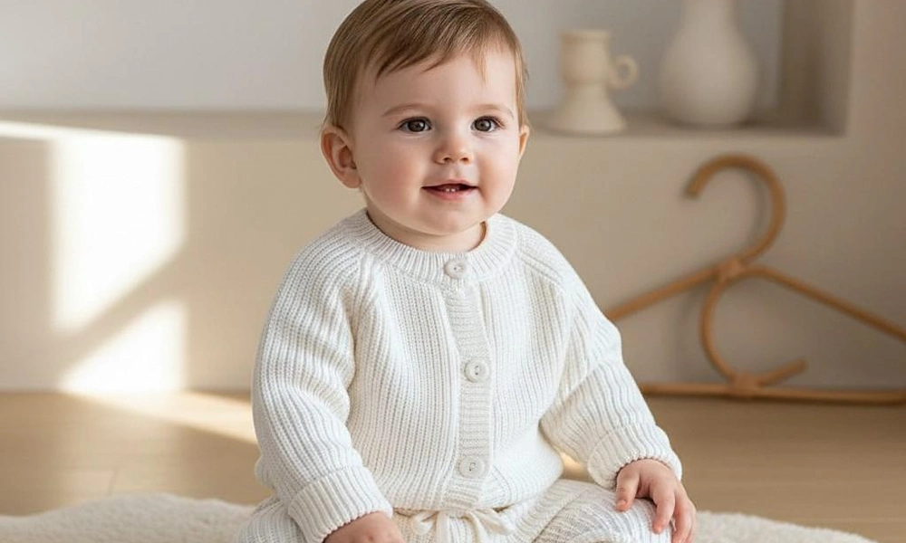 Baby boy wearing a white knit cardigan sweater sitting on a soft rug in a bright, minimalist room.