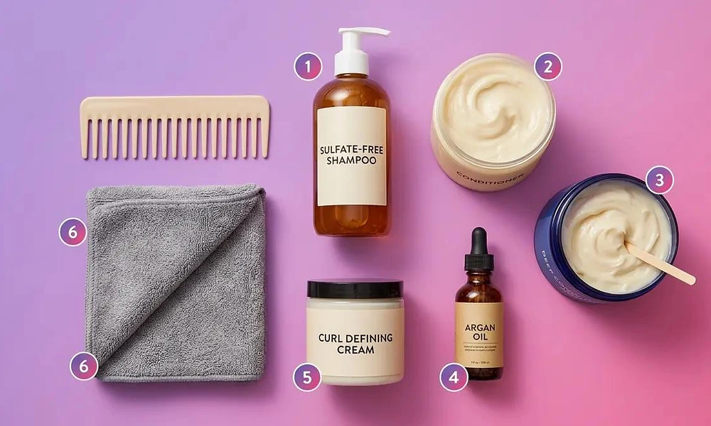 A flat-lay arrangement of essential items, including sulfate-free shampoo, styling cream, and a microfiber towel