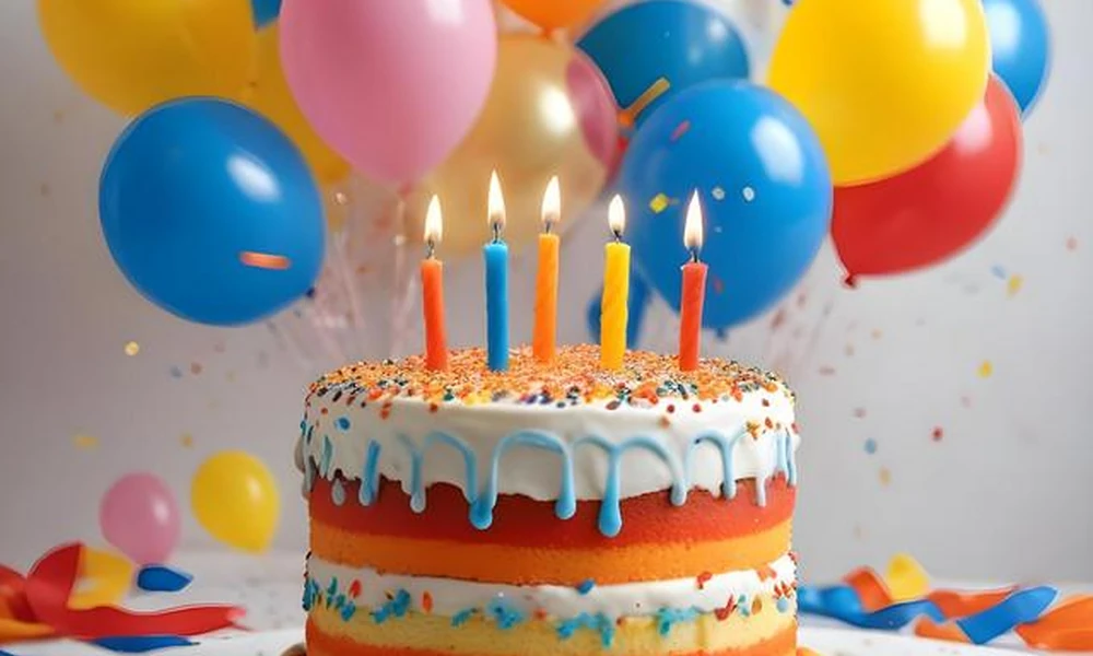 A decorated multi-layer birthday cake with lit candles surrounded by colorful balloons.