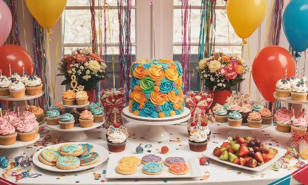 A dessert table filled with cupcakes, cookies, flowers, and colorful balloons for a birthday party.