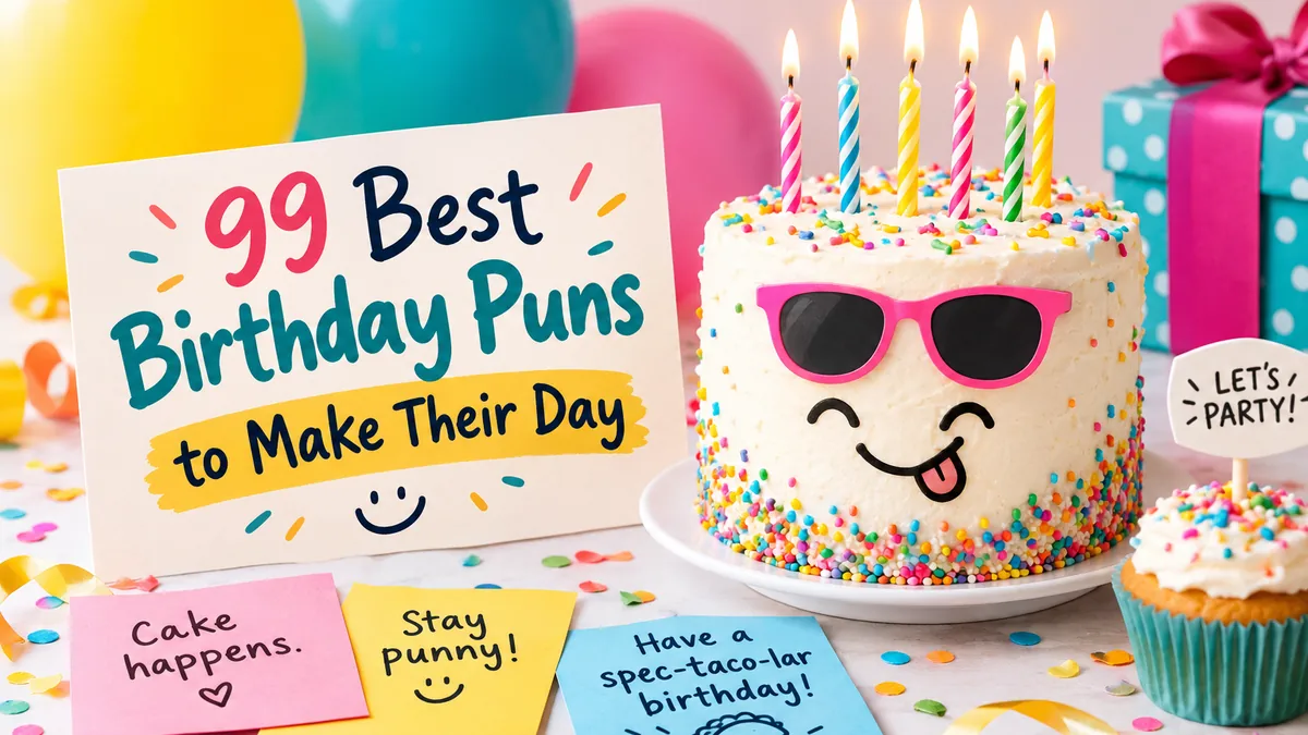 A colorful birthday card that reads 99 Best Birthday Puns next to a decorated cake, cupcakes, and balloons.