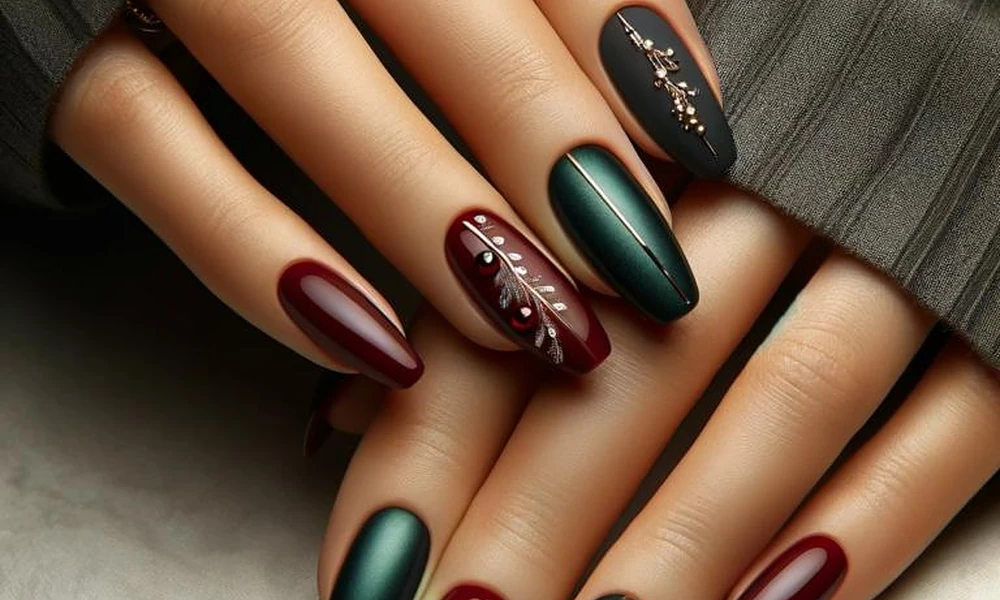 Matte and glossy burgundy and green Christmas nails with sophisticated metallic winter details