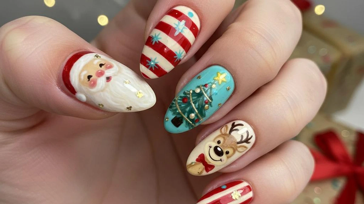 Close-up of festive holiday nail art featuring Santa Claus, Christmas trees, and reindeer designs for Christmas nails