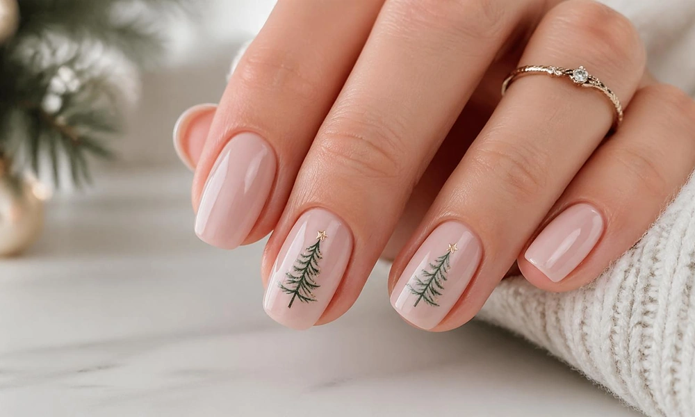 Clean and elegant Christmas tree nail art painted on a glossy nude base for a sophisticated holiday look