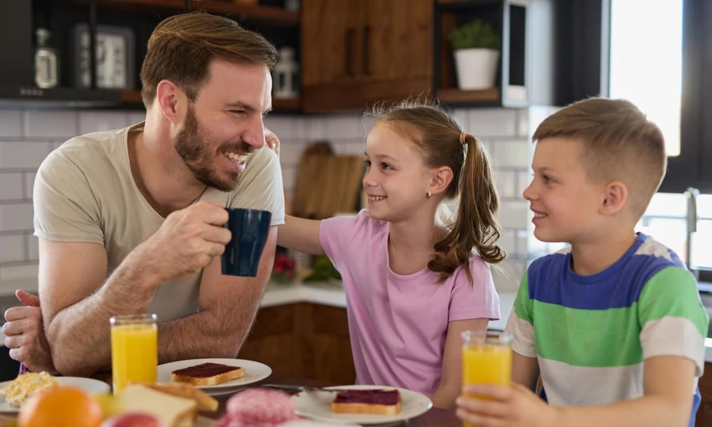 A smiling father drinking coffee at a kitchen table with his young son and daughter during breakfast.