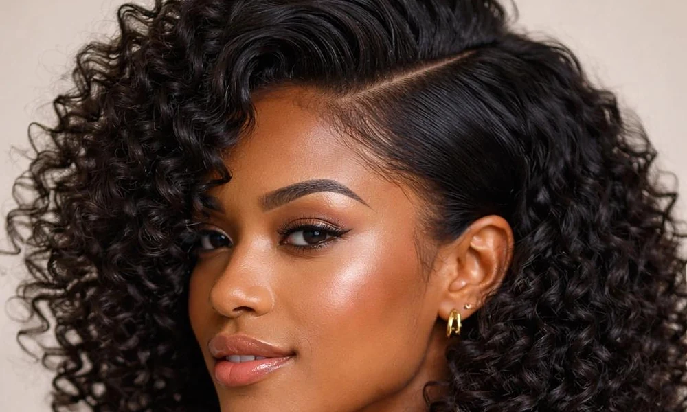 Deep side part adding dramatic volume and height to thick, textured curly hair
