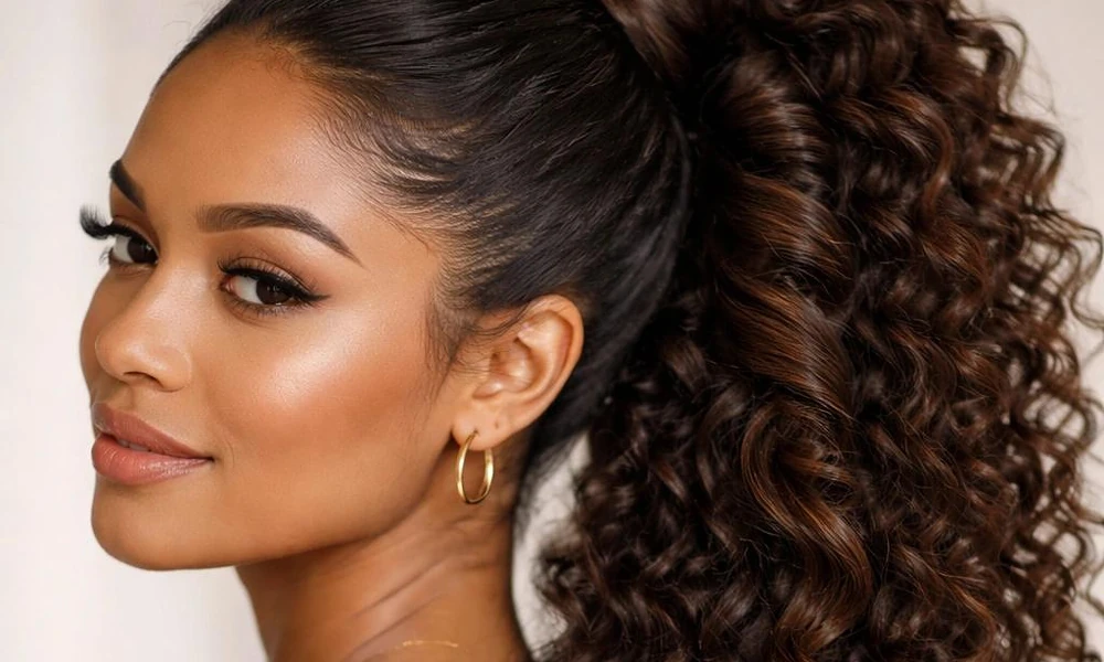 A sleek high ponytail lifting long, voluminous textured locks into a glamorous silhouette