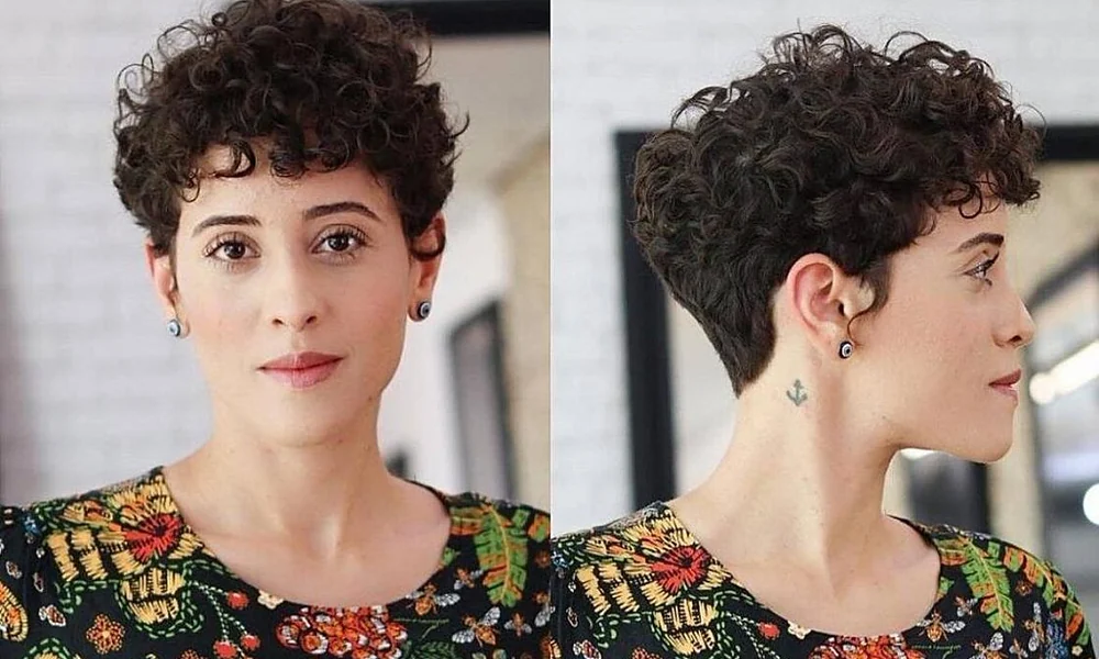 Front and back angles of a short, textured curly hair pixie cut with tapered sides