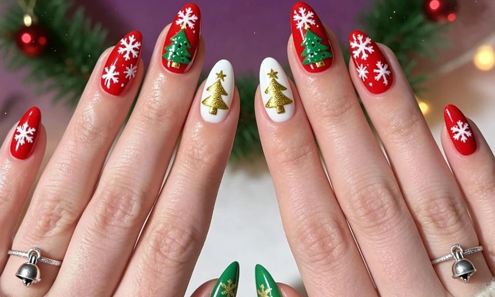 Festive cute Christmas nail art featuring white snowflakes and green trees on red and white bases