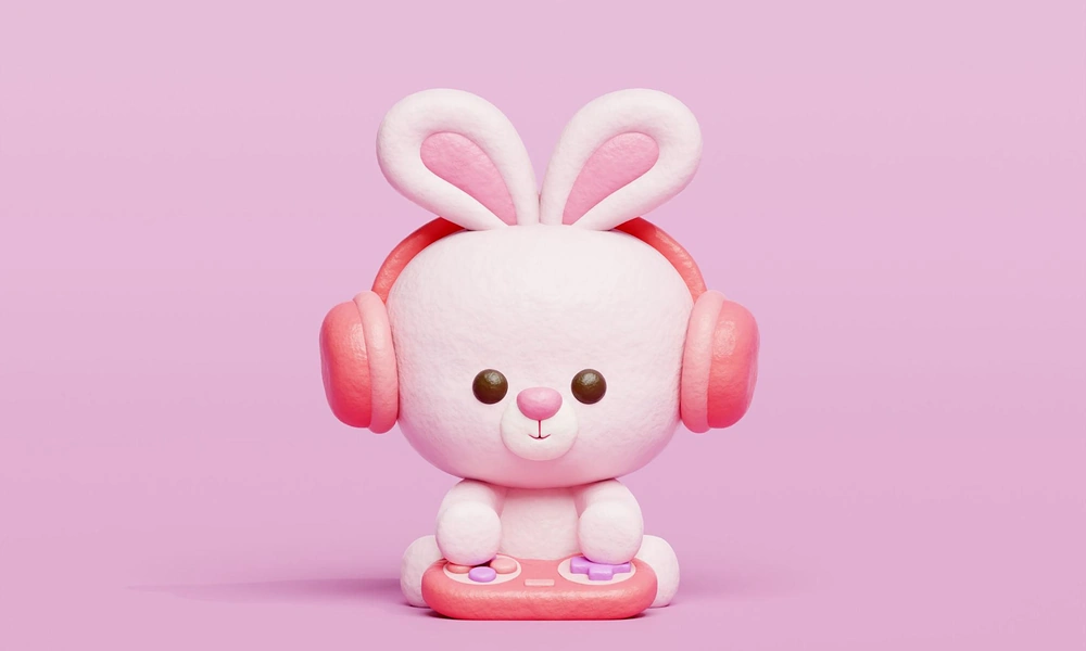 3D cute pink bunny wearing headphones and holding a controller for cute game nicknames