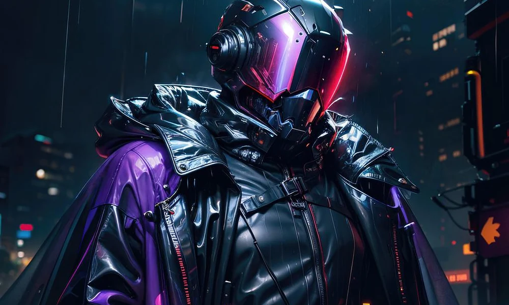 Futuristic cyberpunk character wearing a glowing helmet and coat, perfect for unique game nicknames