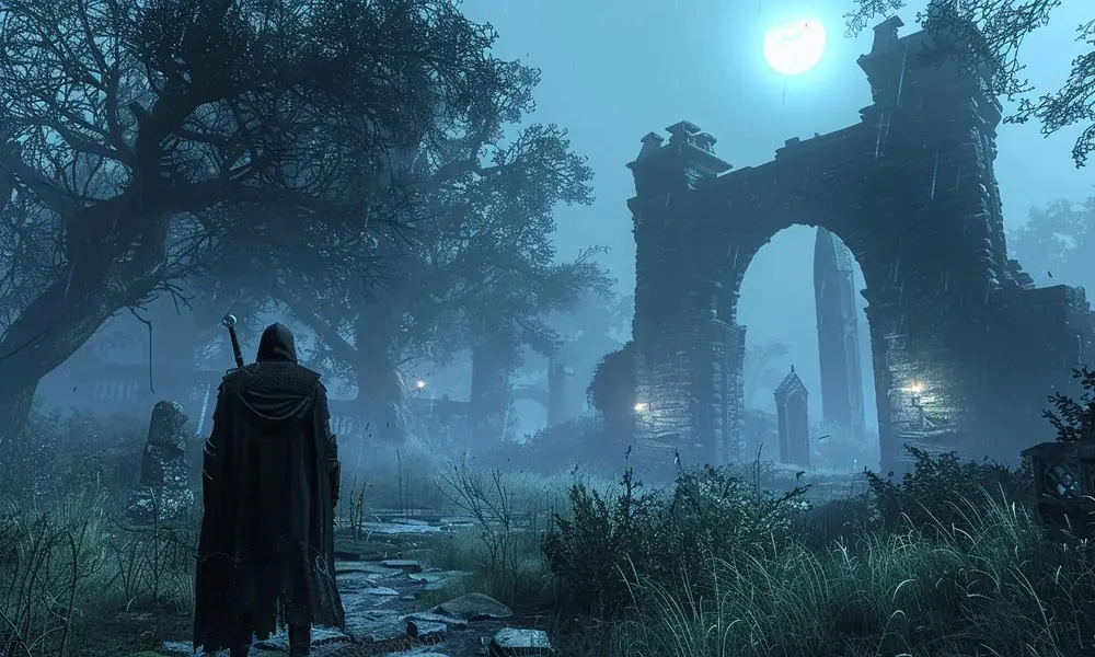 A mysterious hooded warrior standing in front of ruined archways at night, fitting for dark and mysterious game nicknames