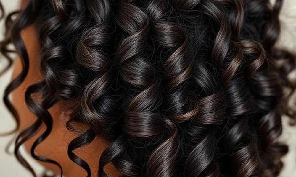 Detailed close-up of glossy, springy dark ringlets demonstrating healthy curl definition