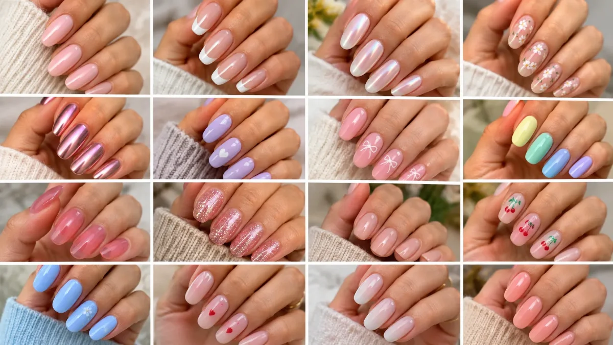 Grid layout showcasing sixteen different cute gel nail designs including French tips, floral patterns, chrome finishes, and bow art