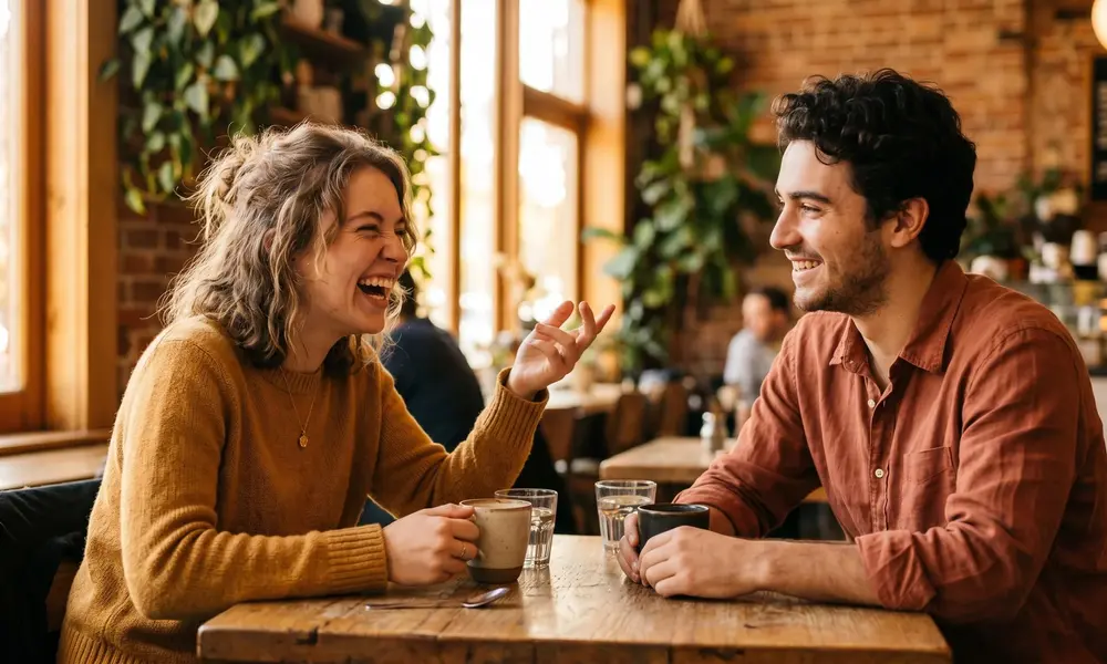 A young man and woman laughing and talking together over coffee in a café-Funny Puns
