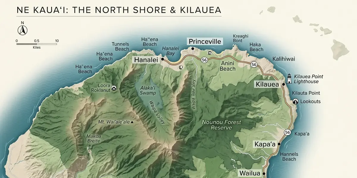 Map showing Kauaʻi and the northeastern North Shore area of Hawaii