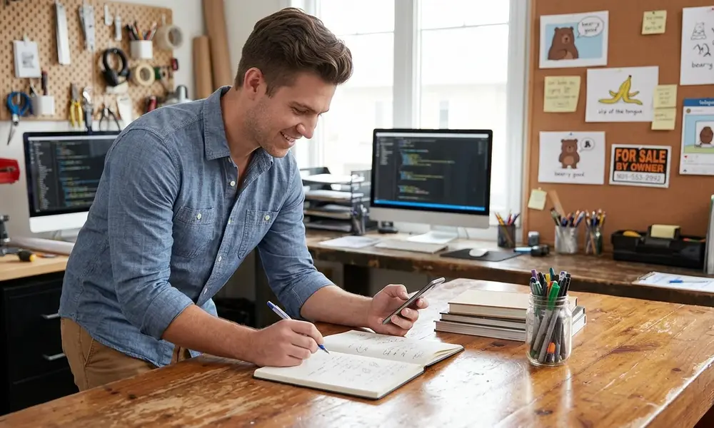A man holding a smartphone while writing in a notebook at a wooden desk in an office.