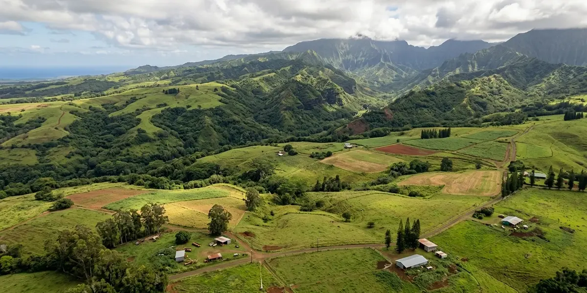 Aerial view of ranchland and mountainous terrain on Kauaʻi, Hawaii