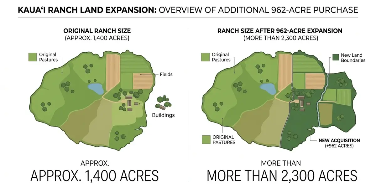 Infographic showing Zuckerberg's reported Kauaʻi land holdings expanding from about 1,400 to more than 2,300 acres