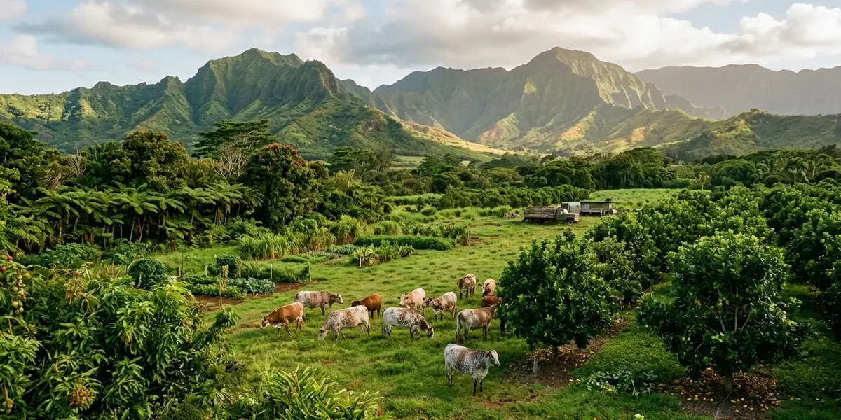 Cattle grazing on agricultural ranchland in the mountainous landscape of Kauaʻi