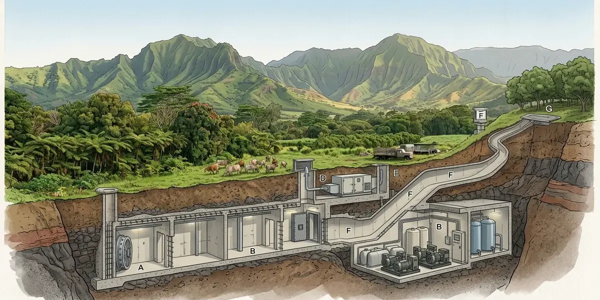Conceptual cross-section illustration of an underground shelter beneath a private ranch