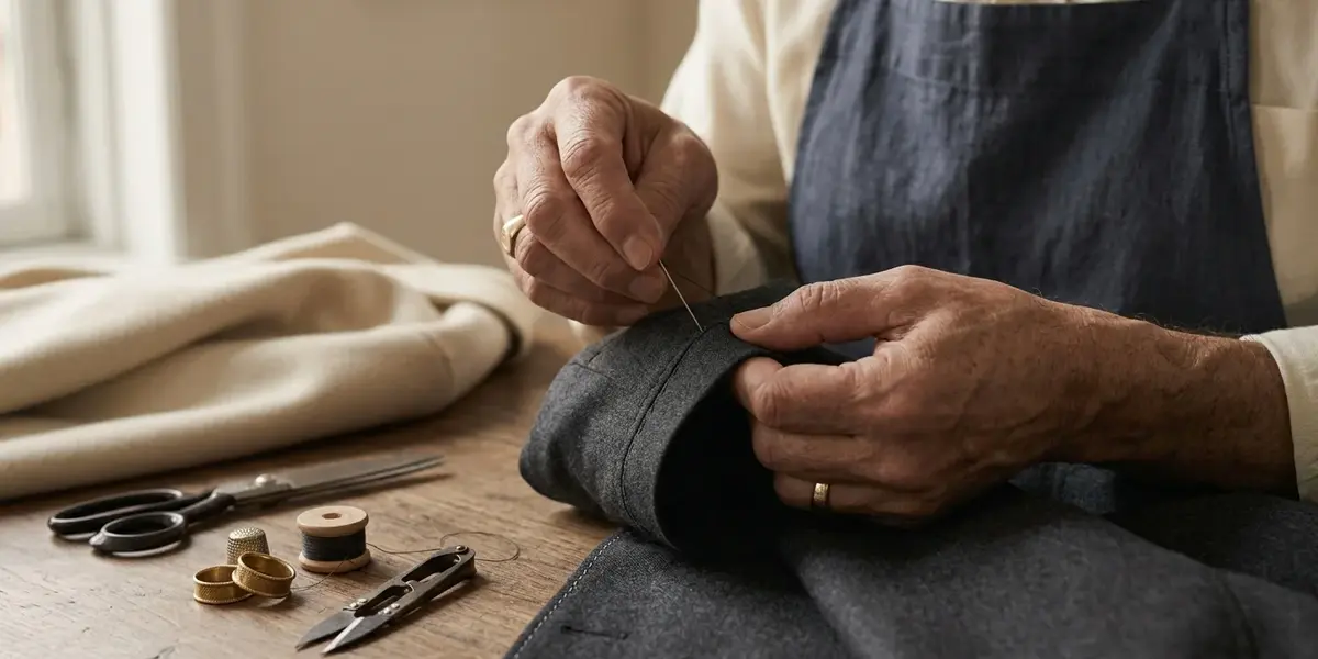 Luxury fashion craftsmanship showing premium fabric, stitching and garment construction