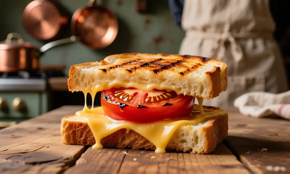 A delicious grilled cheese and tomato sandwich on a wooden cutting board with melted cheese dripping down.