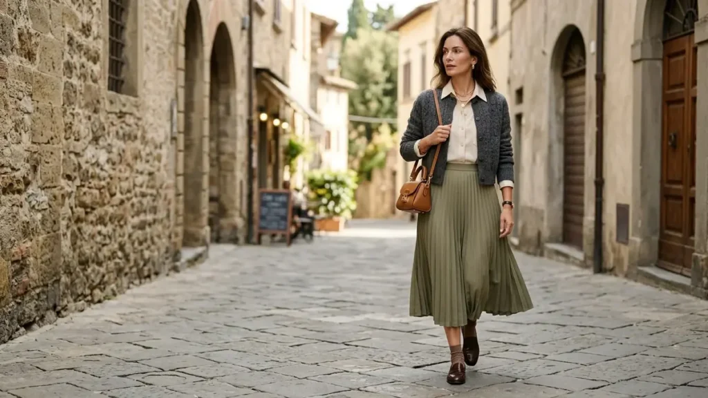 Miu Miu-inspired luxury fashion featuring a pleated skirt, cardigan and designer-style handbag.